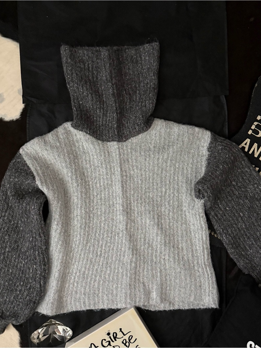 ruby moon Two-Tone Gray Ribbed Turtleneck Sweater